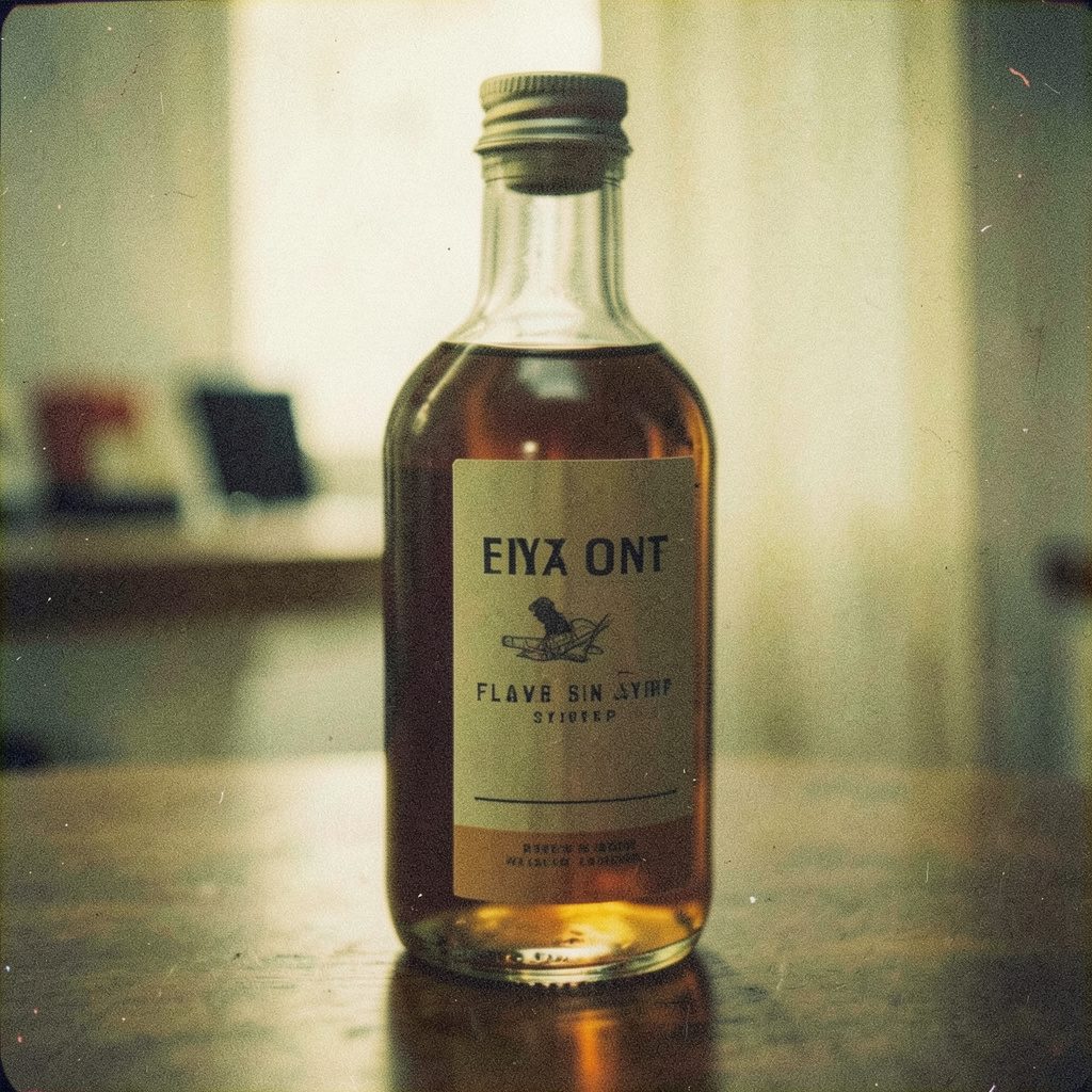 Analog film close-up of flavored syrup bottles in warm amber and caramel tones, soft kitchen light.