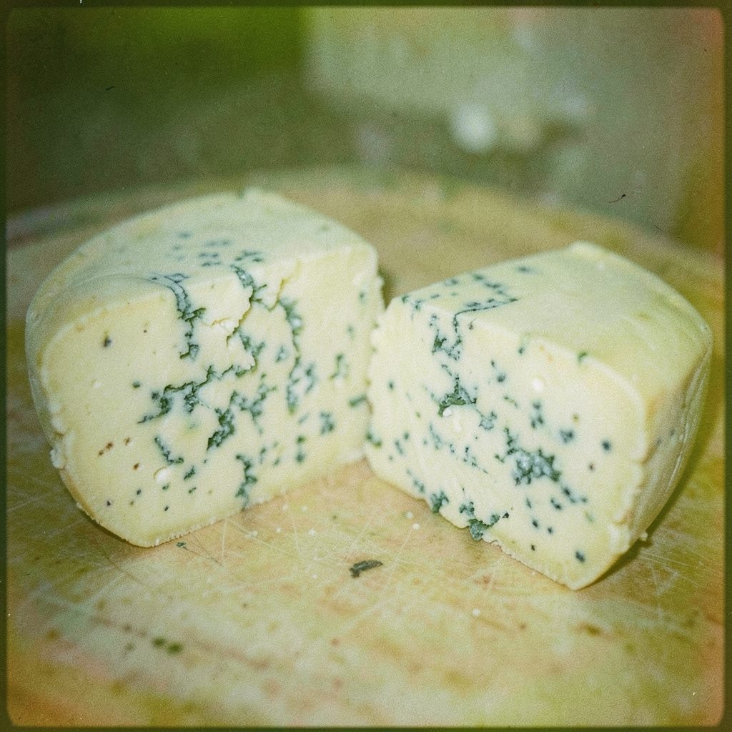 Analog film still life of crumbled blue cheese and a wedge of blue-veined cheese on a wooden board, golden hour light, dusty cream and indigo tones.