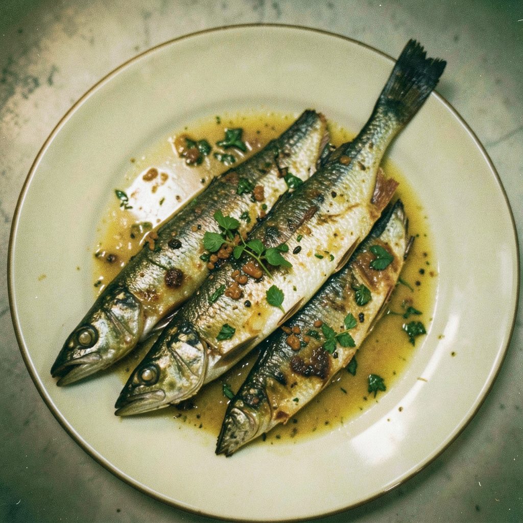 Analog film of a whole grilled branzino with lemon and herbs on a plate, sea-green and lemon-yellow tones.