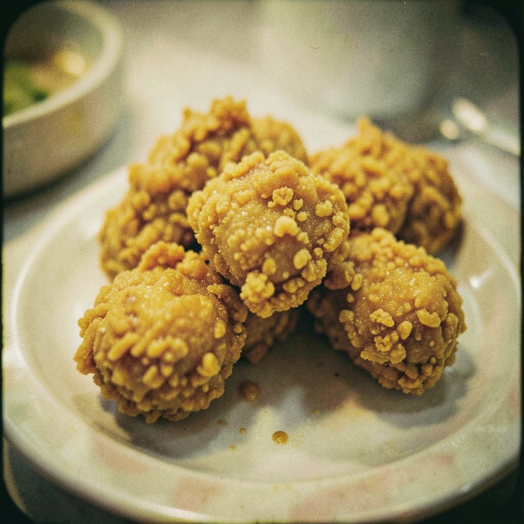 Analog film photograph of browned chicken pieces in a small pan on a wooden counter, with warm tones and visible grain.